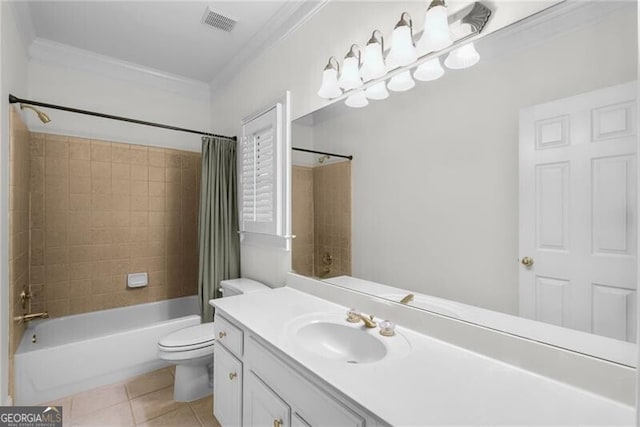 full bathroom with vanity, tile patterned floors, toilet, ornamental molding, and shower / tub combo