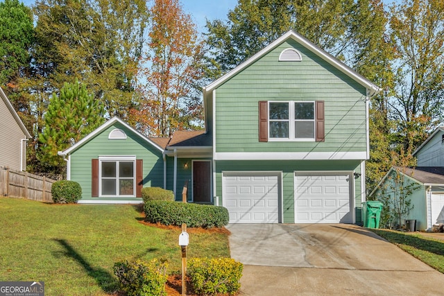 front facade featuring a garage and a front yard