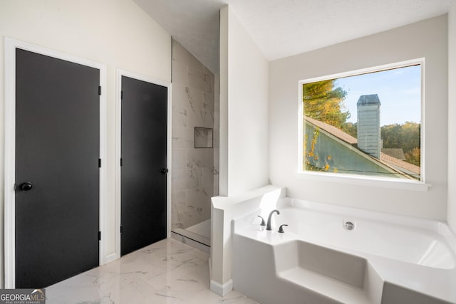 bathroom with plus walk in shower, a textured ceiling, and lofted ceiling