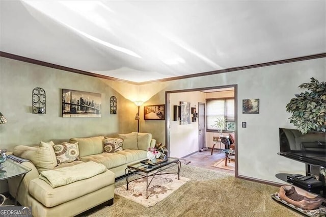 living room featuring carpet floors and ornamental molding