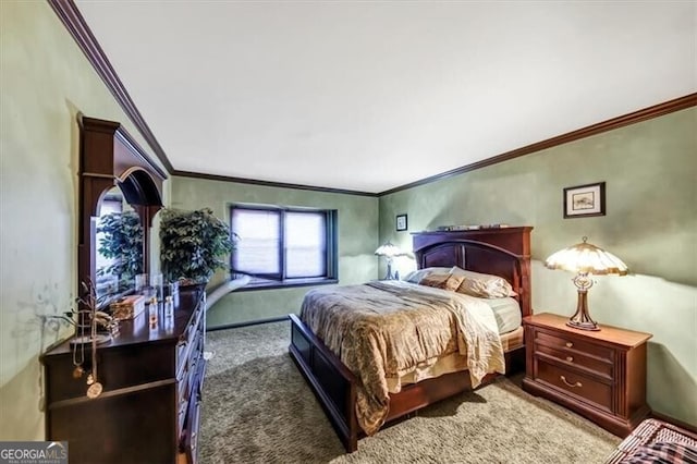 carpeted bedroom with crown molding