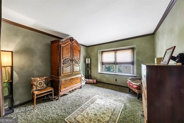 living area featuring carpet floors and crown molding