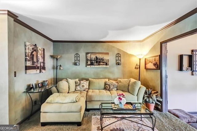 living room with carpet flooring and crown molding