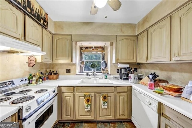 kitchen with light brown cabinetry, ceiling fan, sink, and white appliances