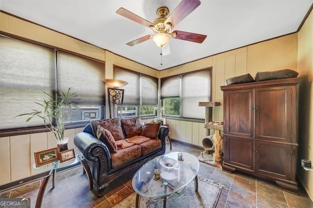 living room with ceiling fan