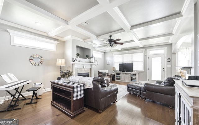 living room featuring ceiling fan, beam ceiling, and coffered ceiling