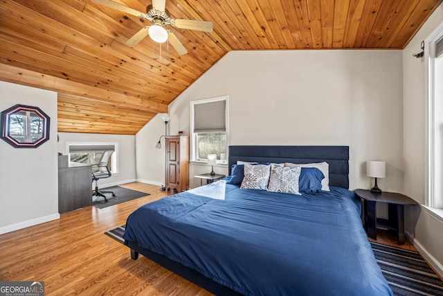 bedroom with hardwood / wood-style flooring, ceiling fan, wooden ceiling, and vaulted ceiling