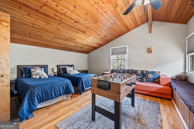 bedroom with wood-type flooring, vaulted ceiling, ceiling fan, and wooden ceiling