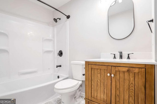 full bathroom with shower / tub combination, vanity, and toilet