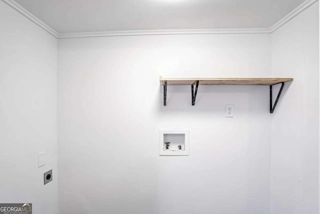 clothes washing area featuring crown molding, hookup for a washing machine, and hookup for an electric dryer