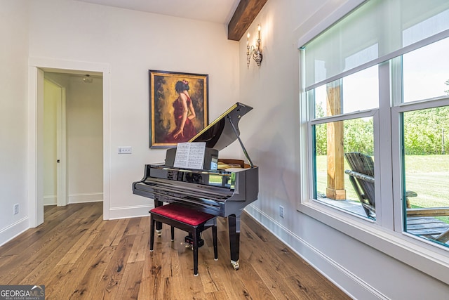 miscellaneous room featuring hardwood / wood-style floors and beam ceiling