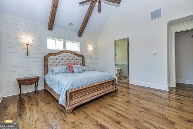 bedroom featuring ceiling fan, beamed ceiling, high vaulted ceiling, and hardwood / wood-style flooring