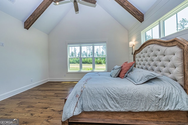 bedroom featuring beamed ceiling, ceiling fan, dark wood-type flooring, and high vaulted ceiling