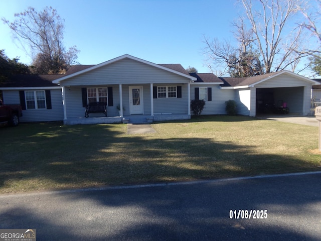 single story home with a carport, covered porch, and a front yard