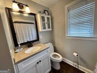 bathroom with vanity, toilet, and wood-type flooring