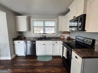 kitchen featuring sink, black electric range, a textured ceiling, white cabinets, and stainless steel dishwasher