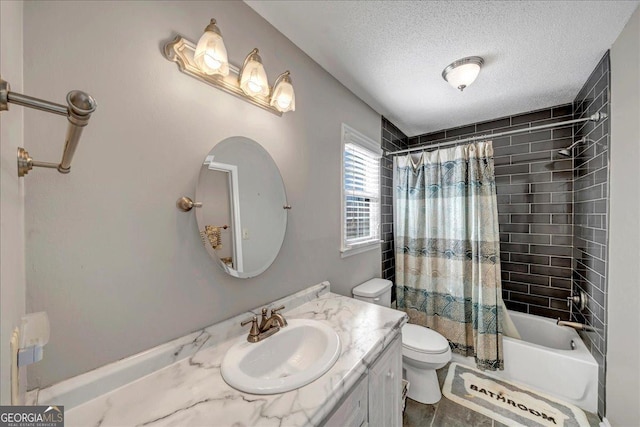 full bathroom featuring vanity, a textured ceiling, toilet, and shower / bathtub combination with curtain