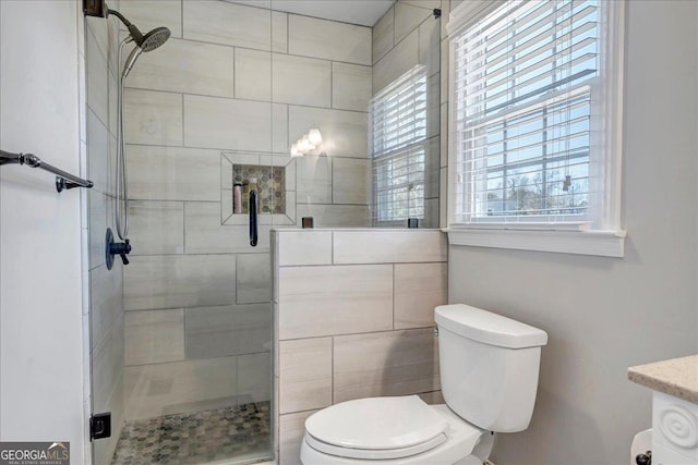 bathroom with a wealth of natural light, a shower with door, vanity, and toilet