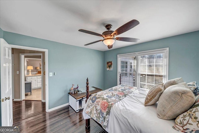 bedroom with ceiling fan and dark wood-type flooring