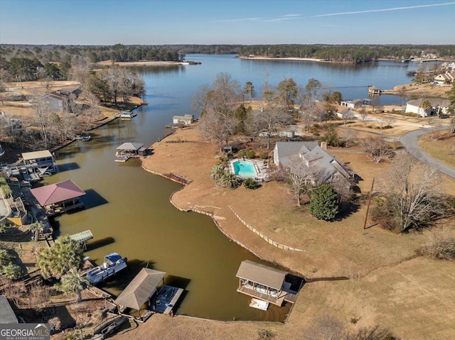 aerial view featuring a water view