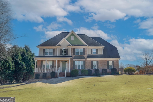 view of front of property with a porch and a front lawn