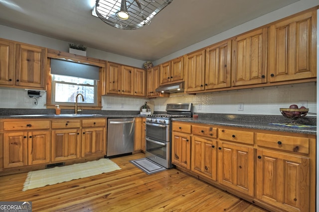 kitchen with tasteful backsplash, sink, stainless steel appliances, and light wood-type flooring