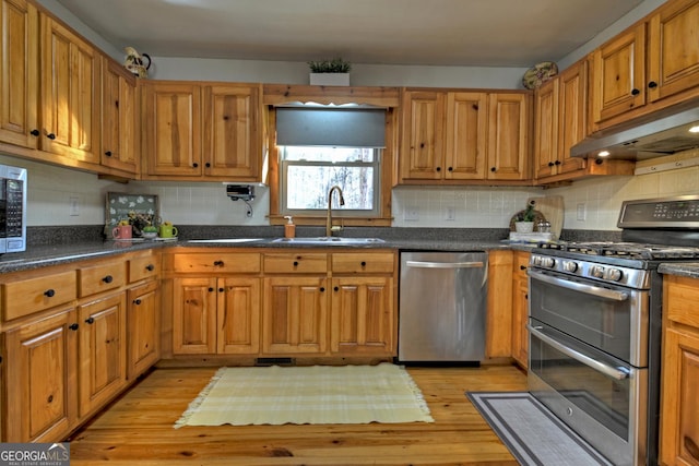 kitchen with decorative backsplash, appliances with stainless steel finishes, light wood-type flooring, and sink