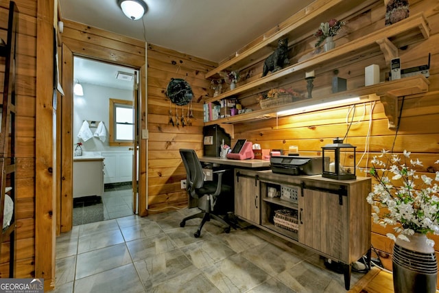 office area with wooden walls