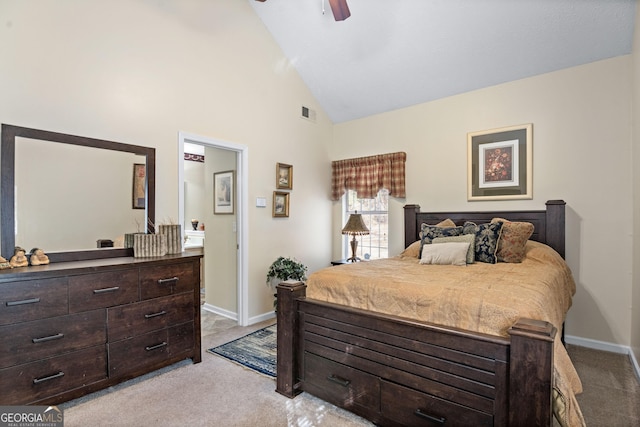 3700 Mays Xing SW, Atlanta, GA 30331 - bedroom with light carpet, baseboards, high vaulted ceiling, ceiling fan, and ensuite bathroom