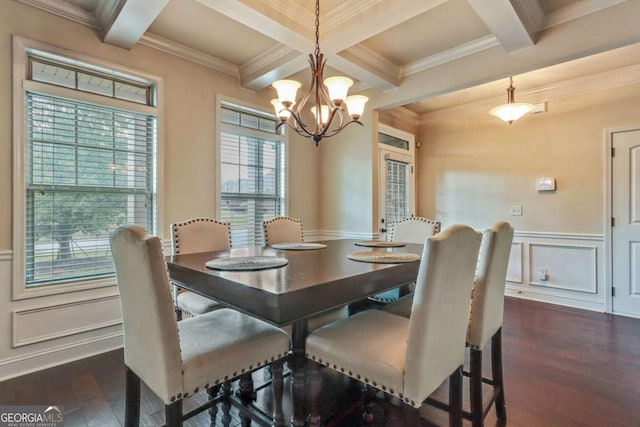 dining area with coffered ceiling, dark hardwood / wood-style flooring, beamed ceiling, a notable chandelier, and crown molding