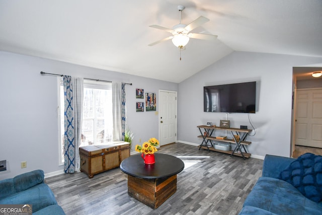 390 Apple Rdg Unit 2, Dawsonville, GA 30534 - living area with wood finished floors, ceiling fan, vaulted ceiling, and baseboards