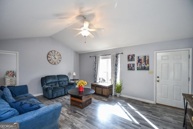 living room with lofted ceiling, ceiling fan, and hardwood / wood-style flooring