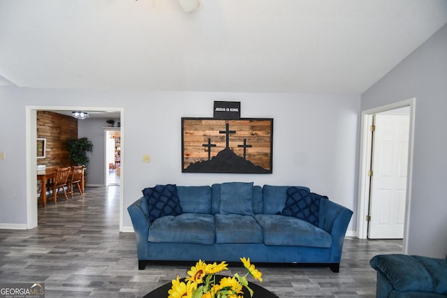 living room featuring lofted ceiling and dark hardwood / wood-style flooring