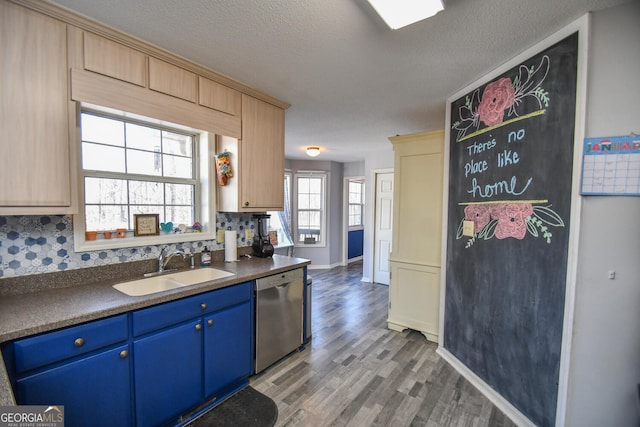 390 Apple Rdg Unit 2, Dawsonville, GA 30534 - kitchen featuring stainless steel dishwasher, blue cabinets, a sink, a textured ceiling, and wood finished floors