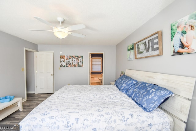 390 Apple Rdg Unit 2, Dawsonville, GA 30534 - bedroom with dark wood-style flooring, connected bathroom, ceiling fan, and baseboards