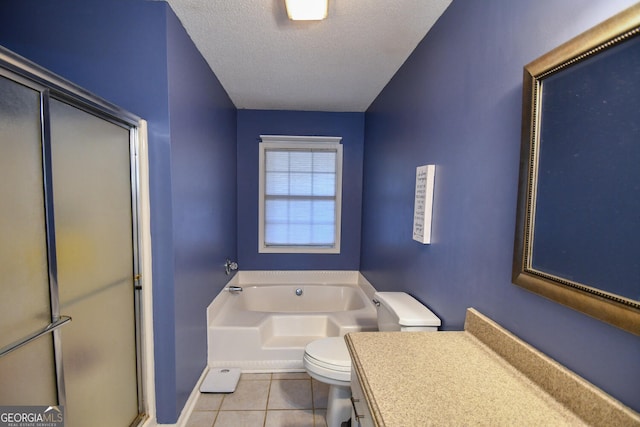 390 Apple Rdg Unit 2, Dawsonville, GA 30534 - bathroom with toilet, tile patterned flooring, a garden tub, a textured ceiling, and a shower with door