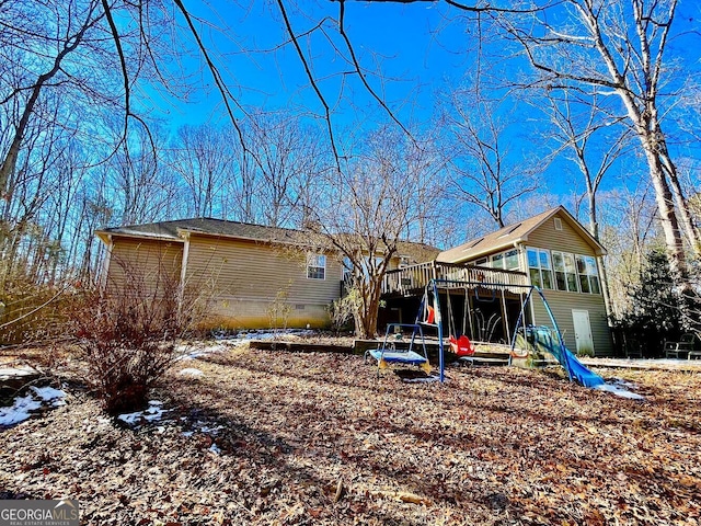 390 Apple Rdg Unit 2, Dawsonville, GA 30534 - rear view of house with a wooden deck, crawl space, and stairs