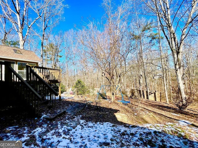 390 Apple Rdg Unit 2, Dawsonville, GA 30534 - yard layered in snow featuring a deck and stairway