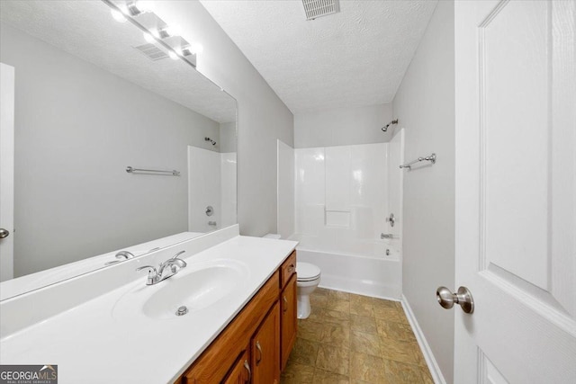 full bath featuring a textured ceiling, shower / tub combination, toilet, visible vents, and vanity