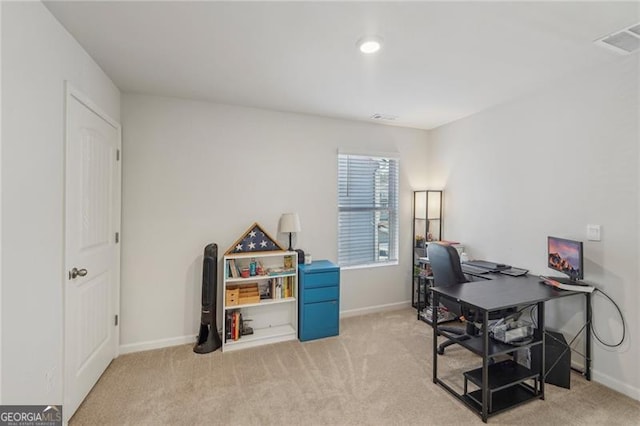 home office featuring light carpet