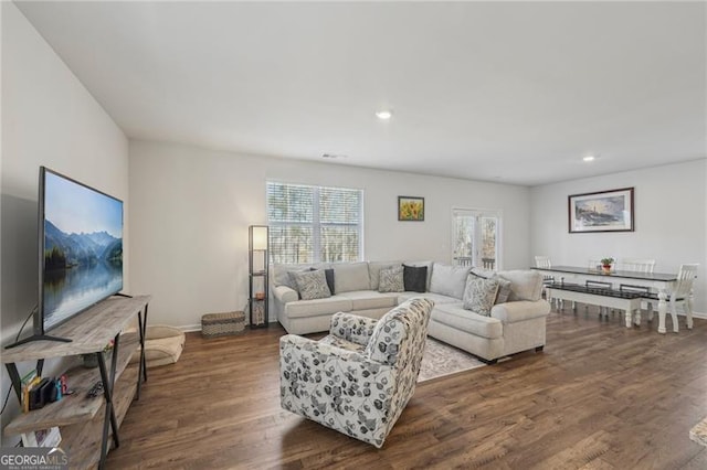 living room featuring dark hardwood / wood-style floors