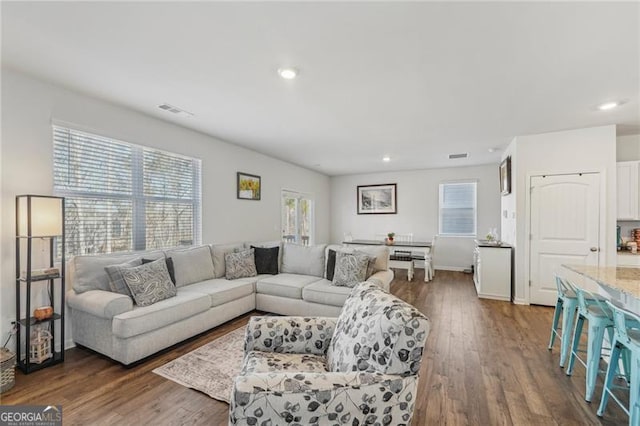 living room with dark wood-type flooring