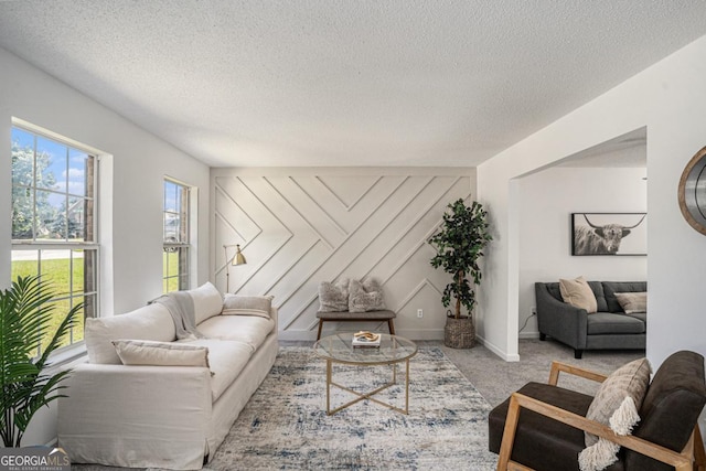 carpeted living room with a textured ceiling