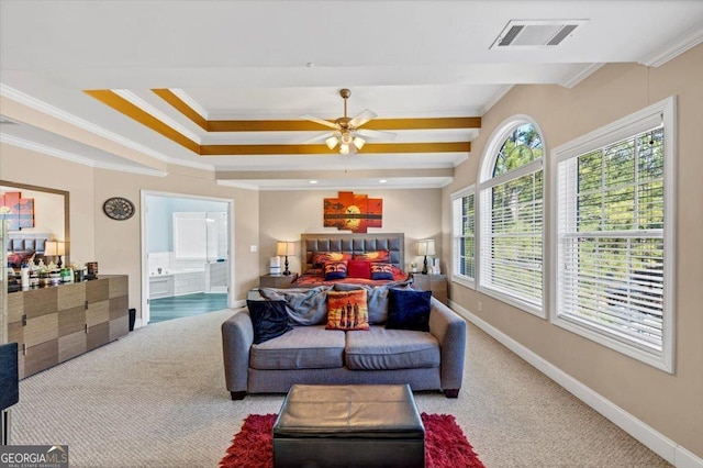 living room featuring crown molding, carpet floors, and ceiling fan