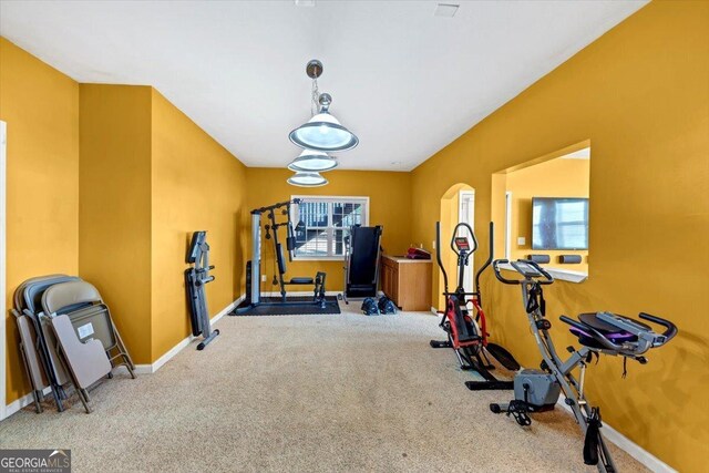 exercise room with carpet flooring