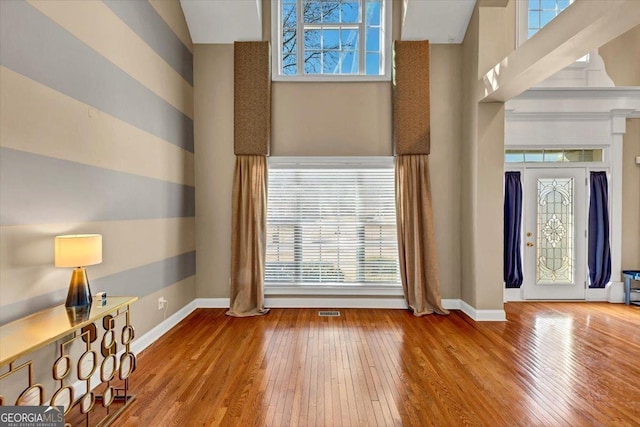 foyer entrance with a towering ceiling and wood-type flooring