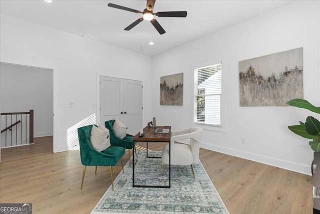 office area featuring ceiling fan and light hardwood / wood-style flooring