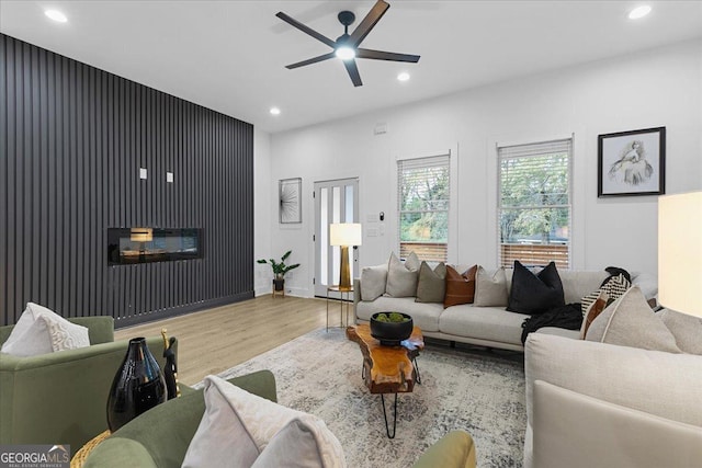 living room with ceiling fan and light hardwood / wood-style floors