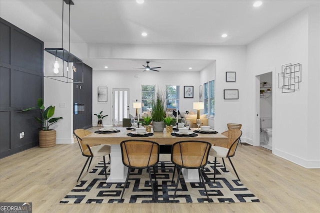 dining room with light hardwood / wood-style floors and ceiling fan