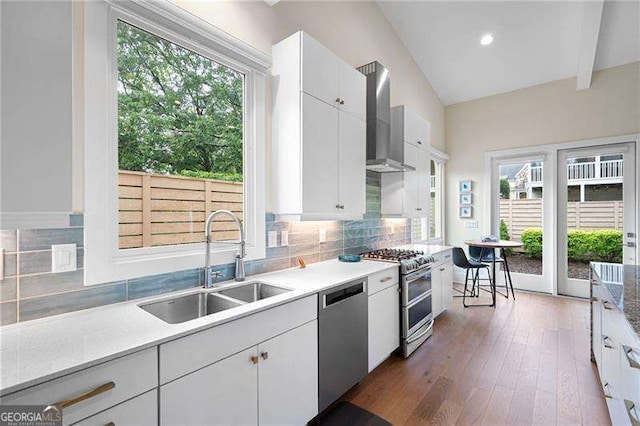 kitchen with white cabinets, appliances with stainless steel finishes, wall chimney exhaust hood, and sink